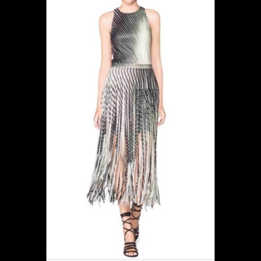 Tamara Mellon Green Black Lambskin Leather Sleeveless Fringe Midi Dress 8 NEW